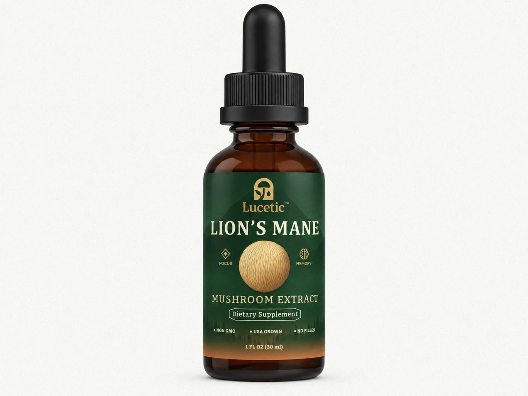 Bottle of Lucetic Lion's Mane mushroom extract with dropper cap on a white background
