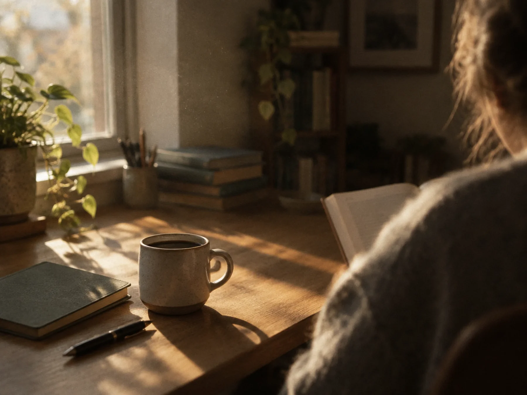 Mug of coffee on a sunlit desk beside an open book, with a person reading in soft focus