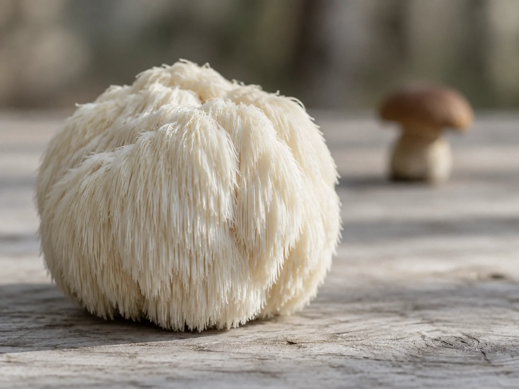 Close-up of a whole lion's mane mushroom with a second mushroom blurred in the background