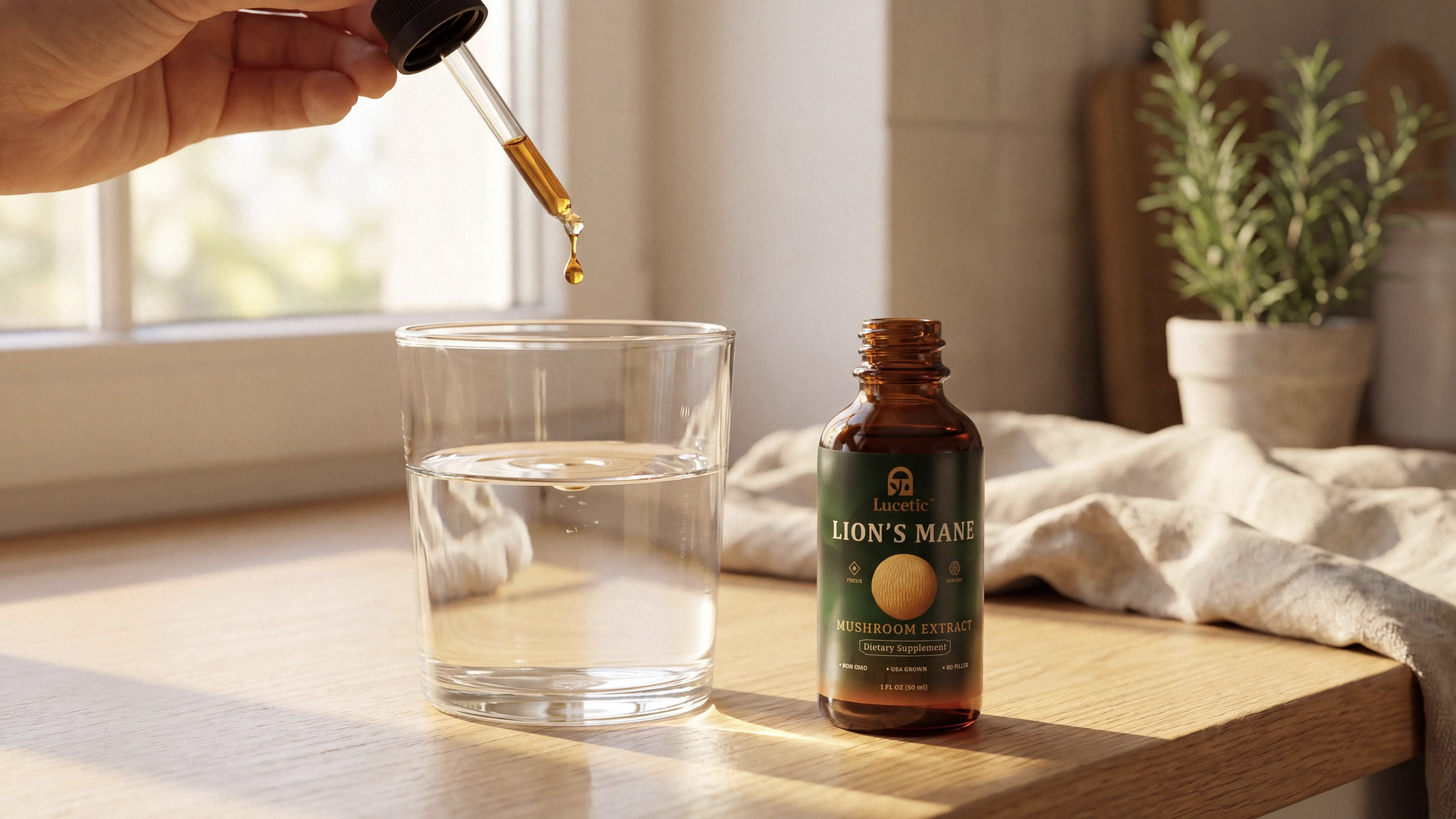 Lion's Mane Tincture Dropped in Water