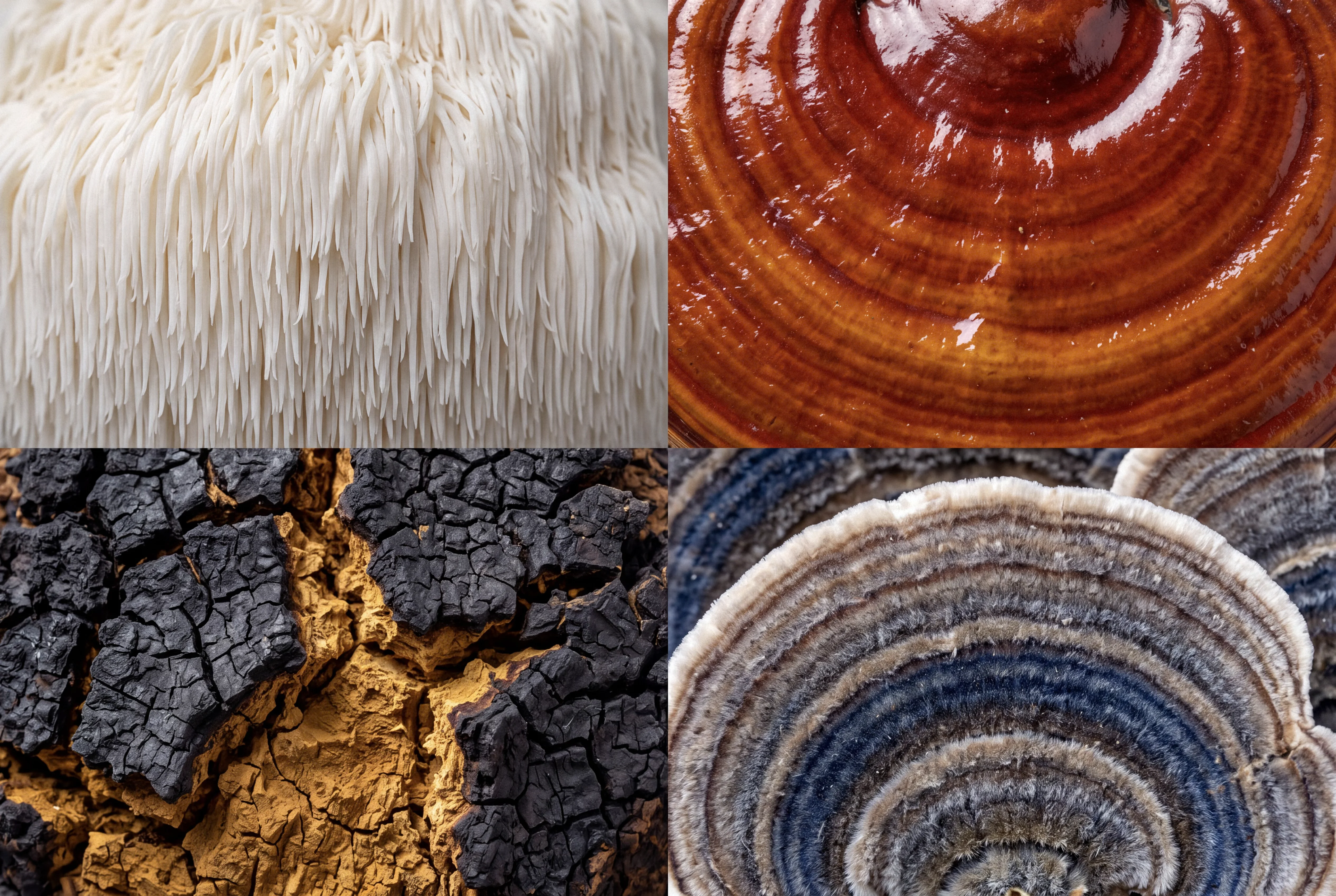 Detailed texture of Lion's Mane, Reishi, Chaga, and Turkey Tail mushrooms