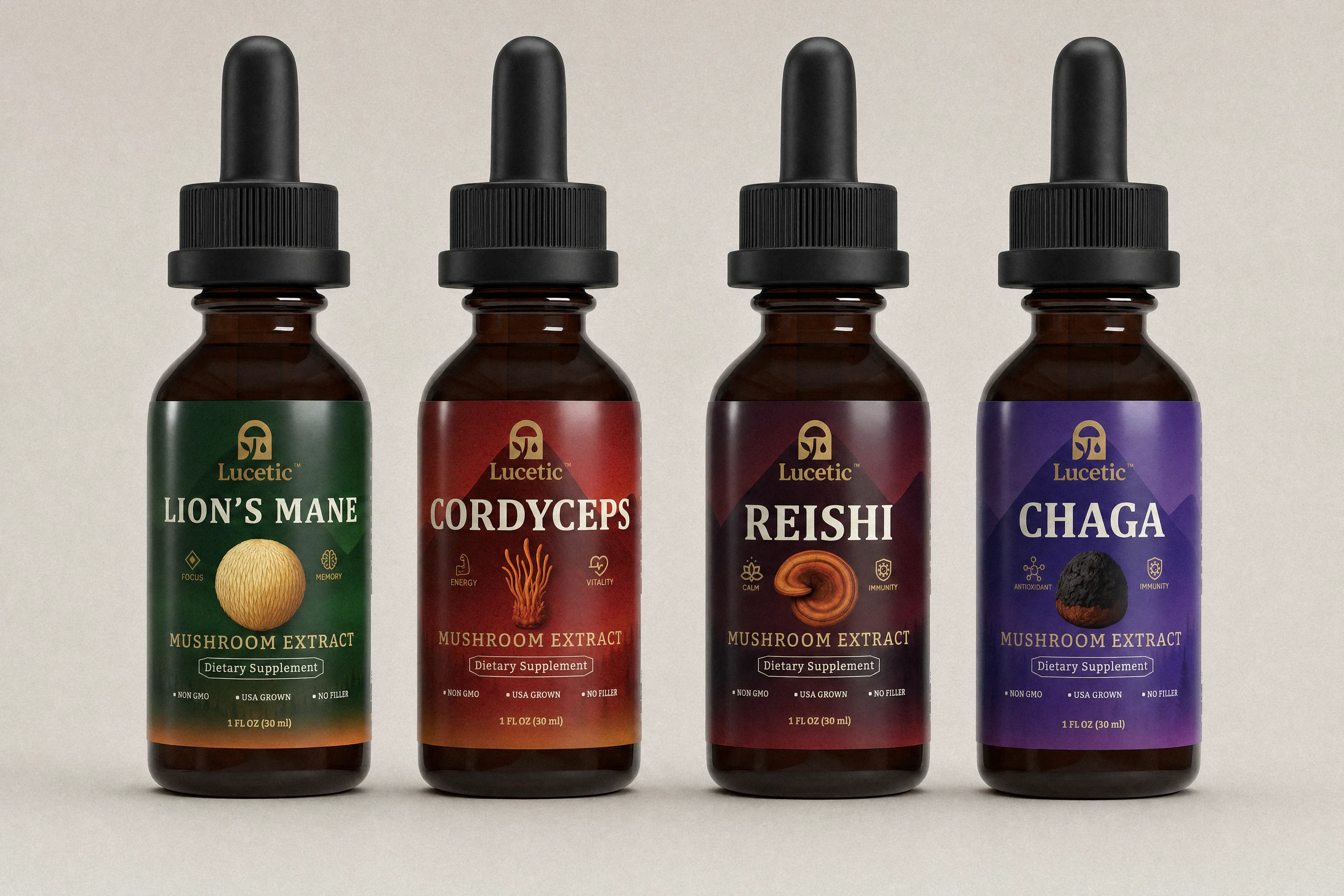 Four Lucetic mushroom tincture bottles: Lion's Mane, Cordyceps, Reishi, and Chaga