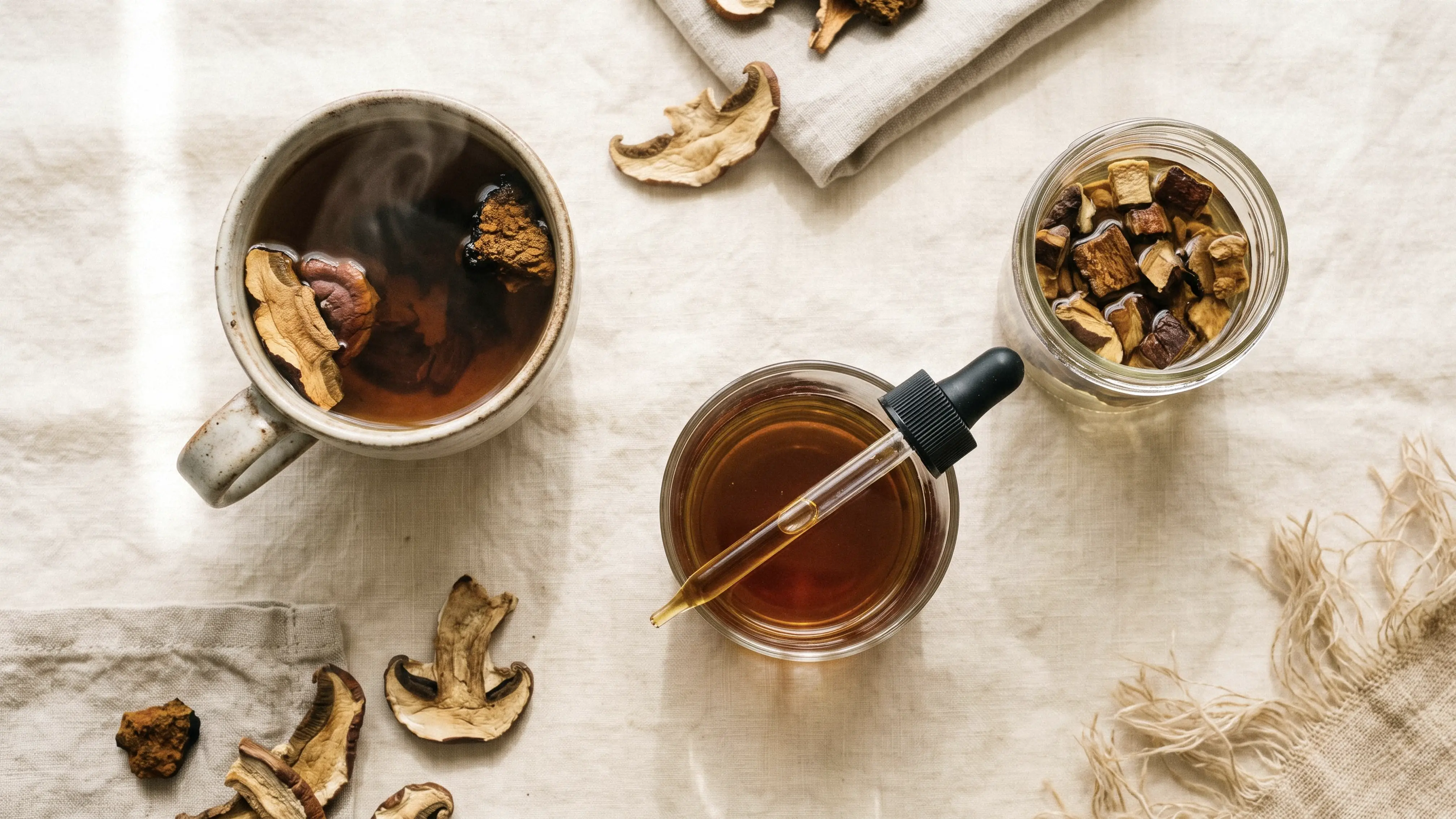 Dual extraction of reishi and chaga using hot water and alcohol to make concentrated mushroom extract