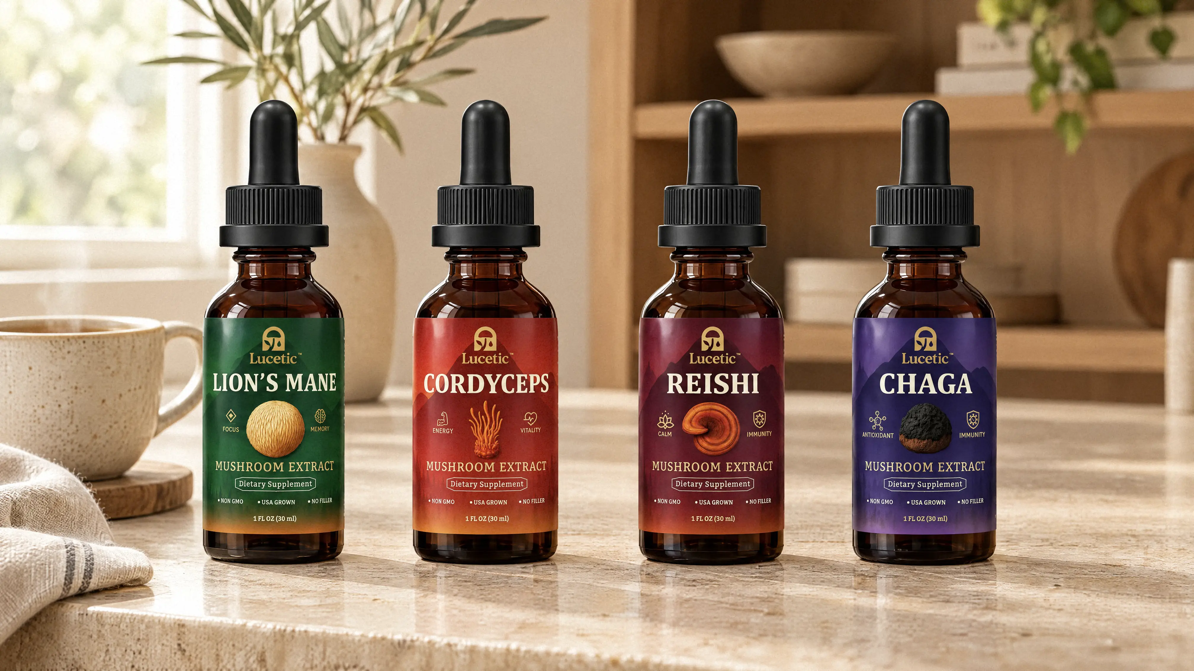Image of Lucetic functional mushroom extract lined up on a marble table