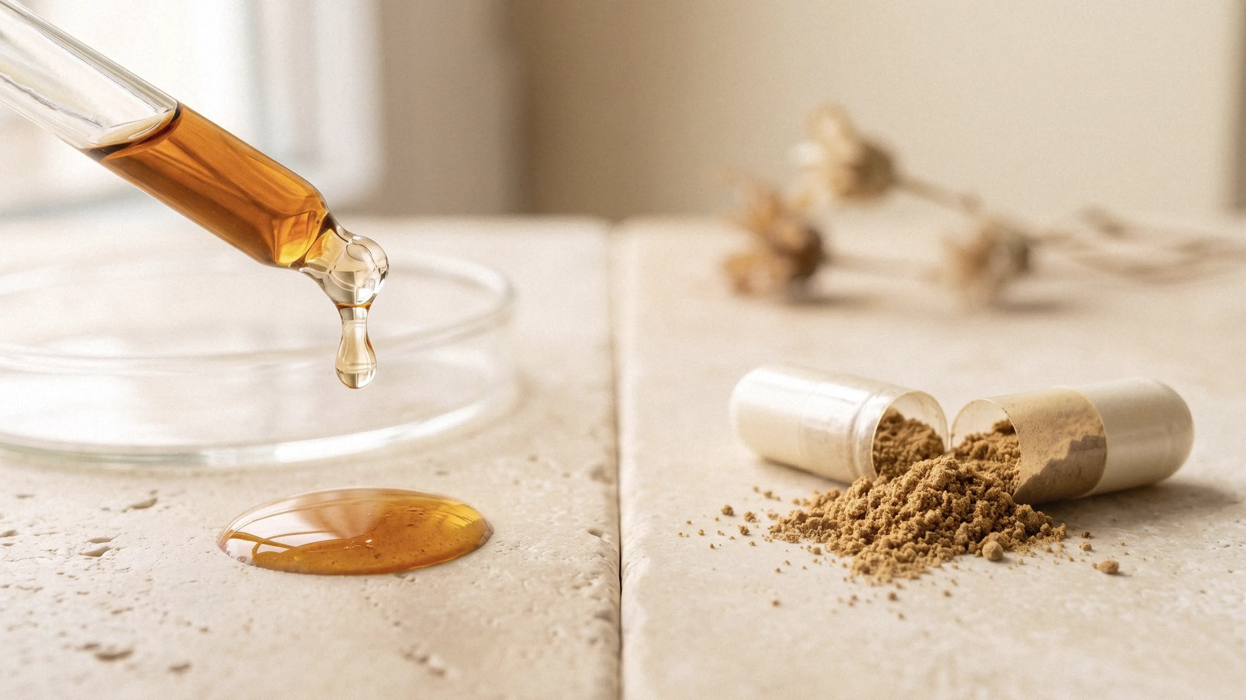 Amber mushroom extract dripping from a glass dropper beside an opened capsule of mushroom powder