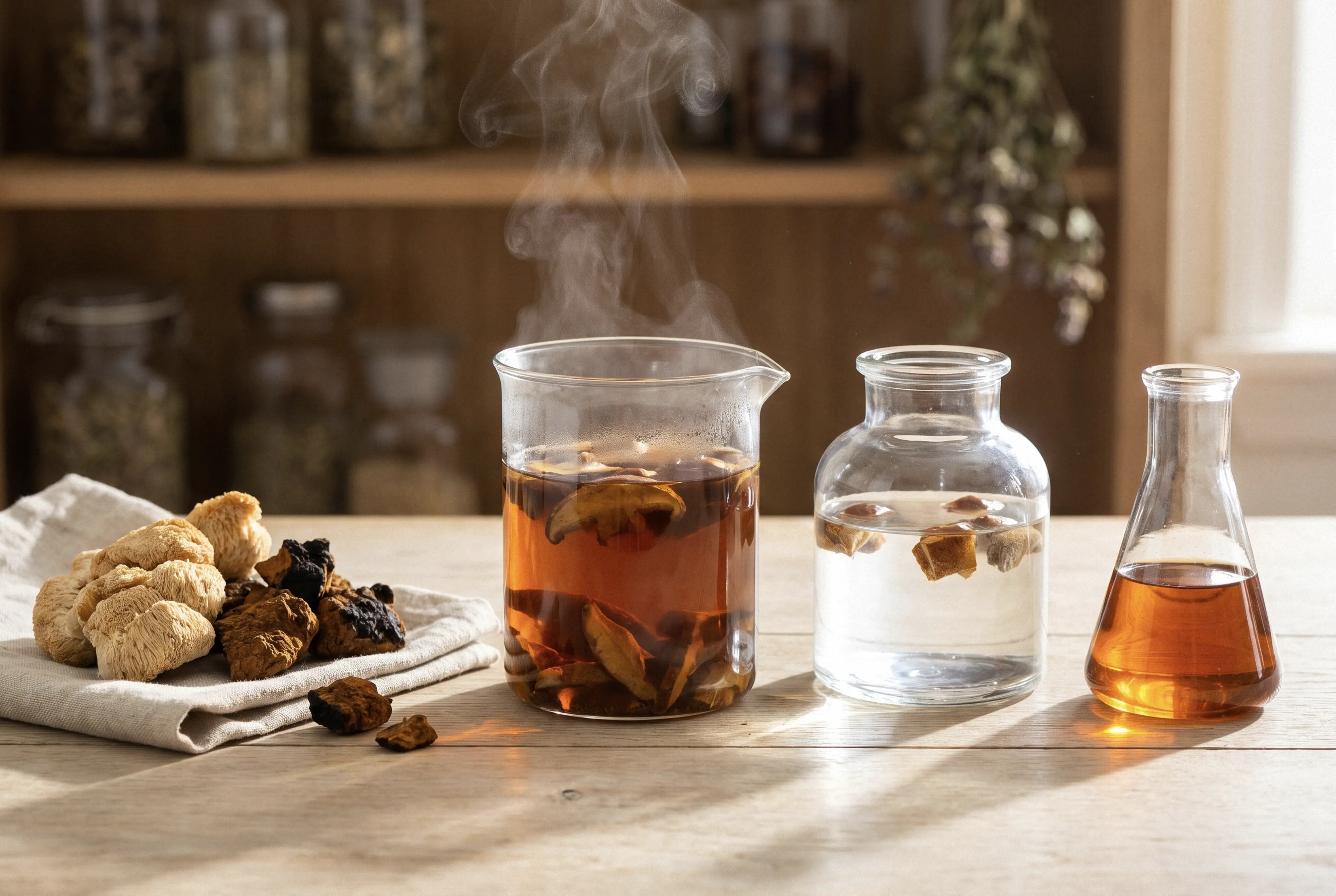 Dual extraction process shown with dried mushrooms, hot water, alcohol, and amber extract