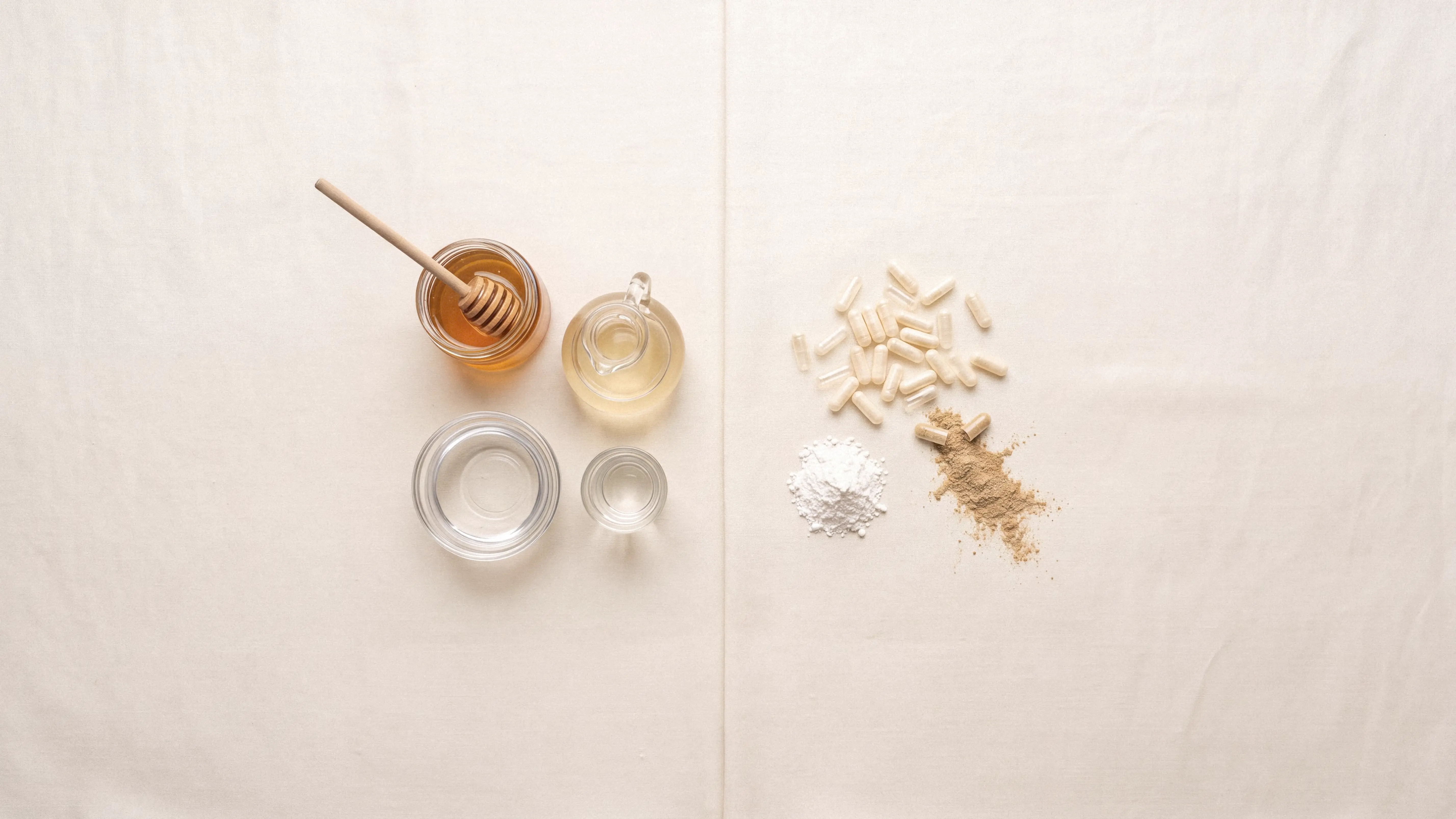 Honey, vinegar, water, glycerin on one side, opened capsules, starch powder, and capsule shells on the other