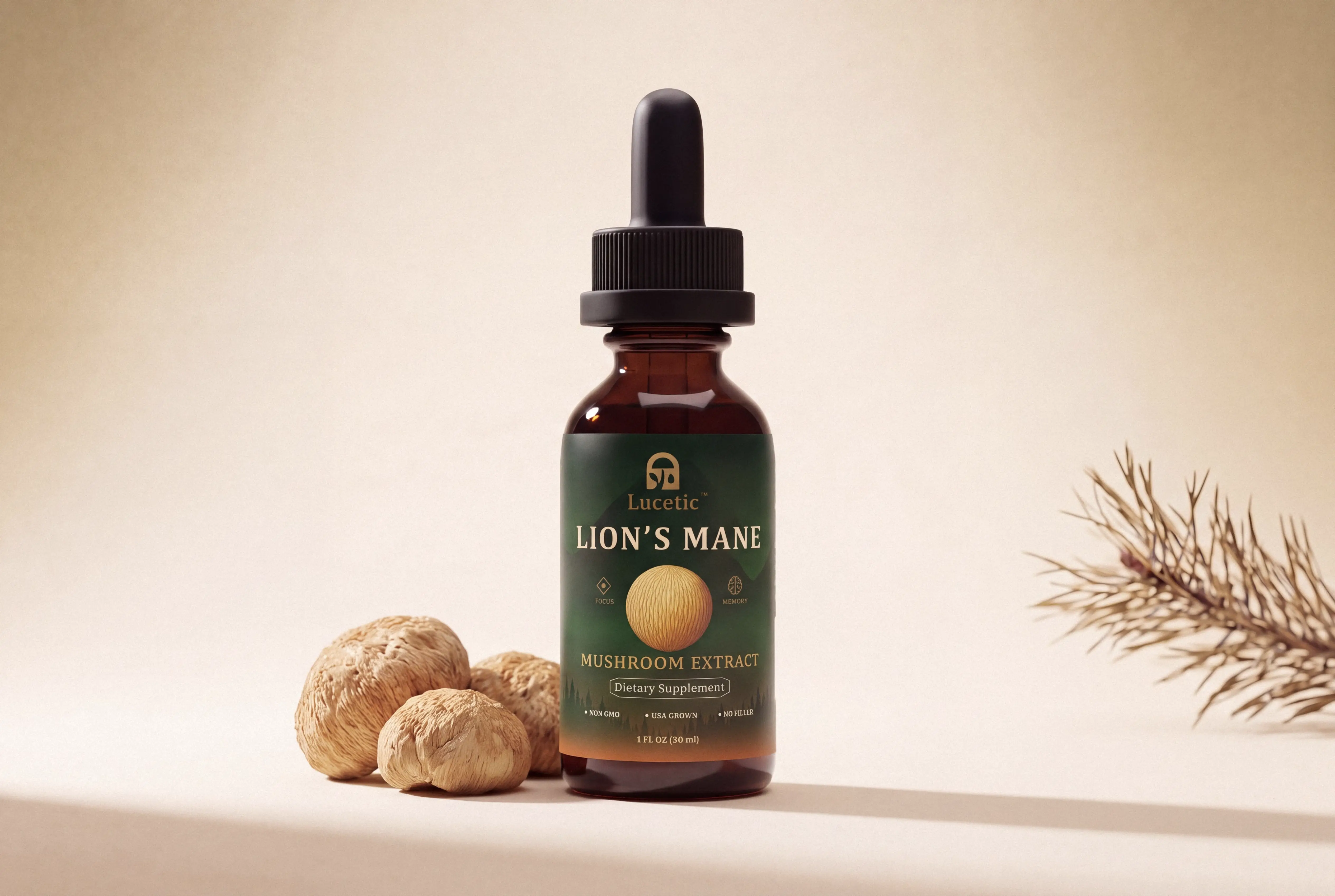 Lucetic lion's mane tincture bottle with dried lion's mane mushrooms
