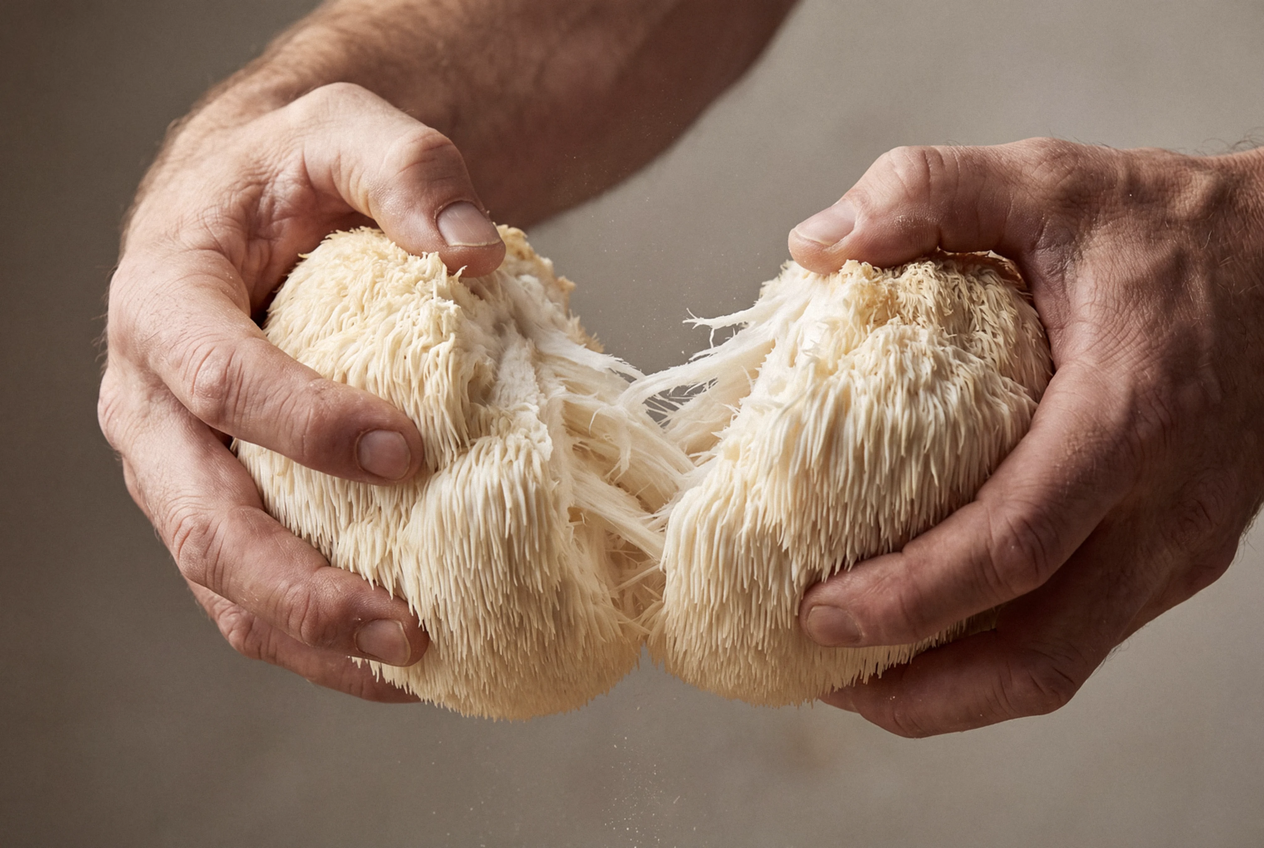 Lion's Mane mushroom fruiting body pulled apart by hands