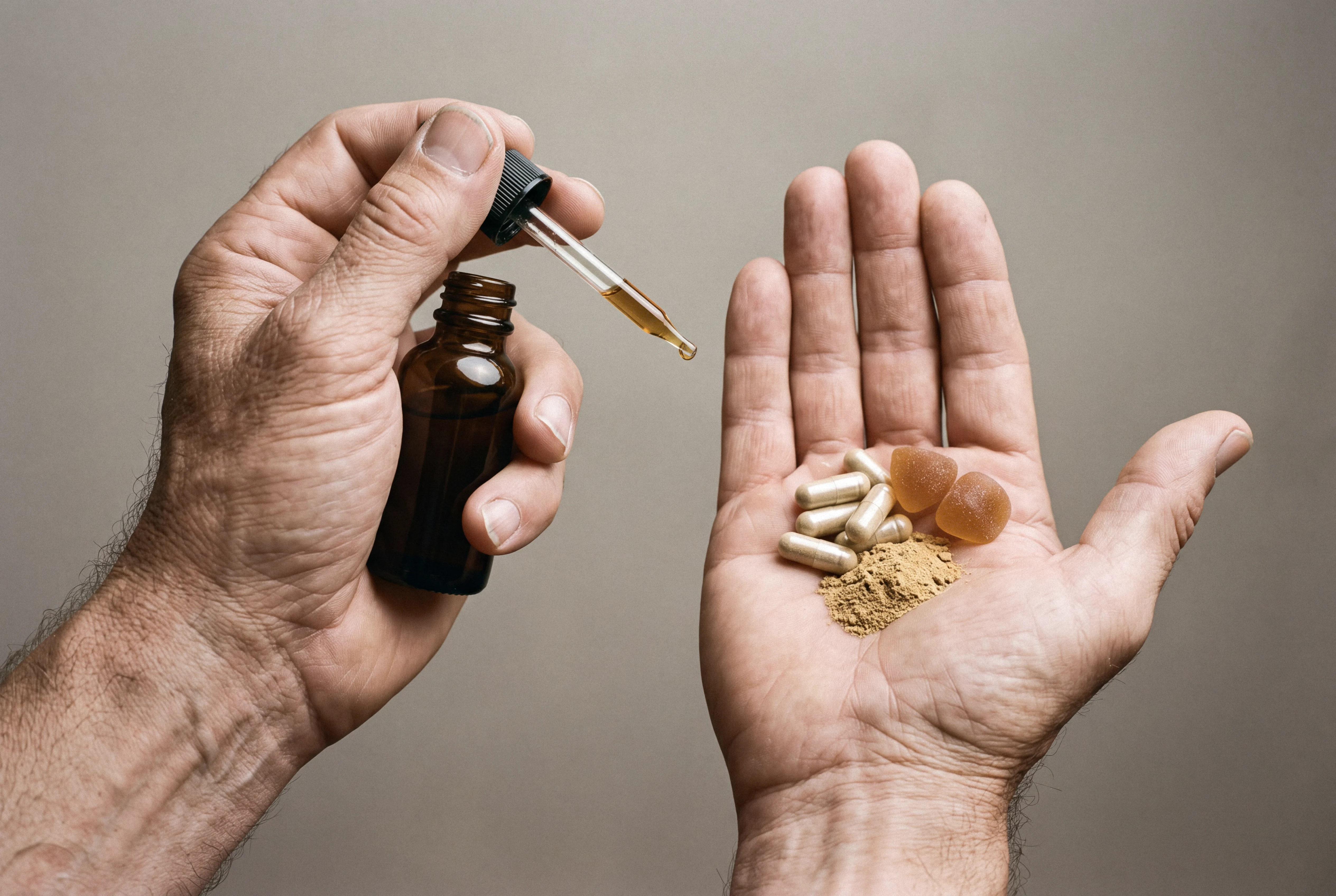 Two hands holding mushroom supplement tincture,powder,capsules and gummies