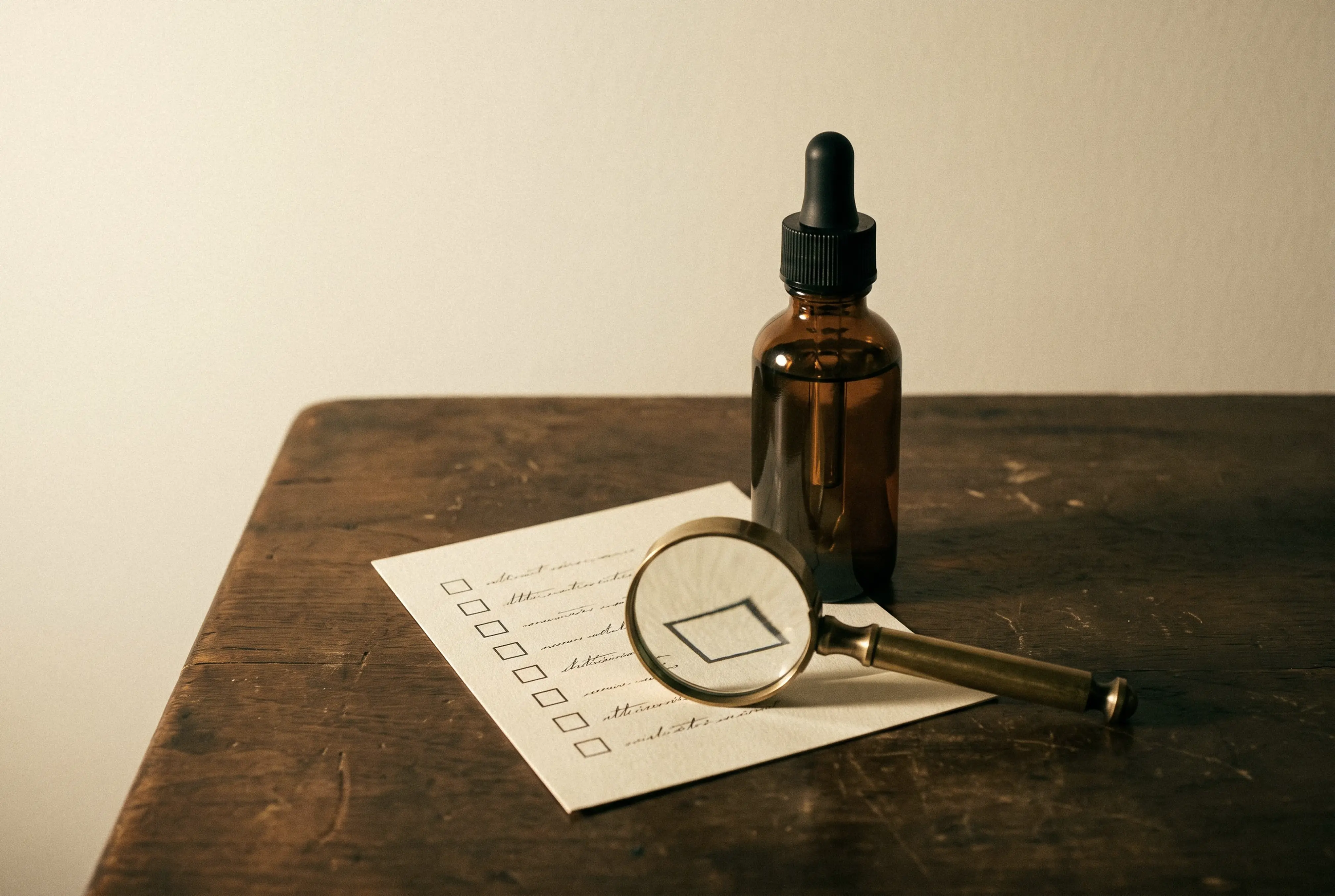 Magnifying glass over an unchecked checklist beside a mushroom tincture bottle, showing what organic certification leaves unanswered