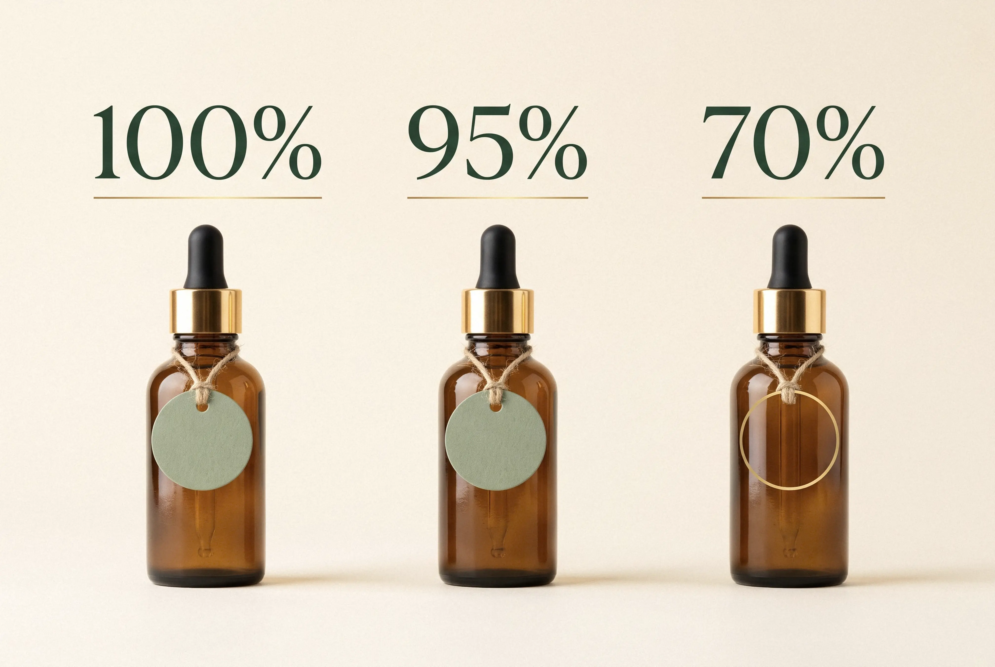 Three tincture bottles showing organic labeling tiers: 100 percent organic, organic at 95 percent, and made with organic at 70 percent