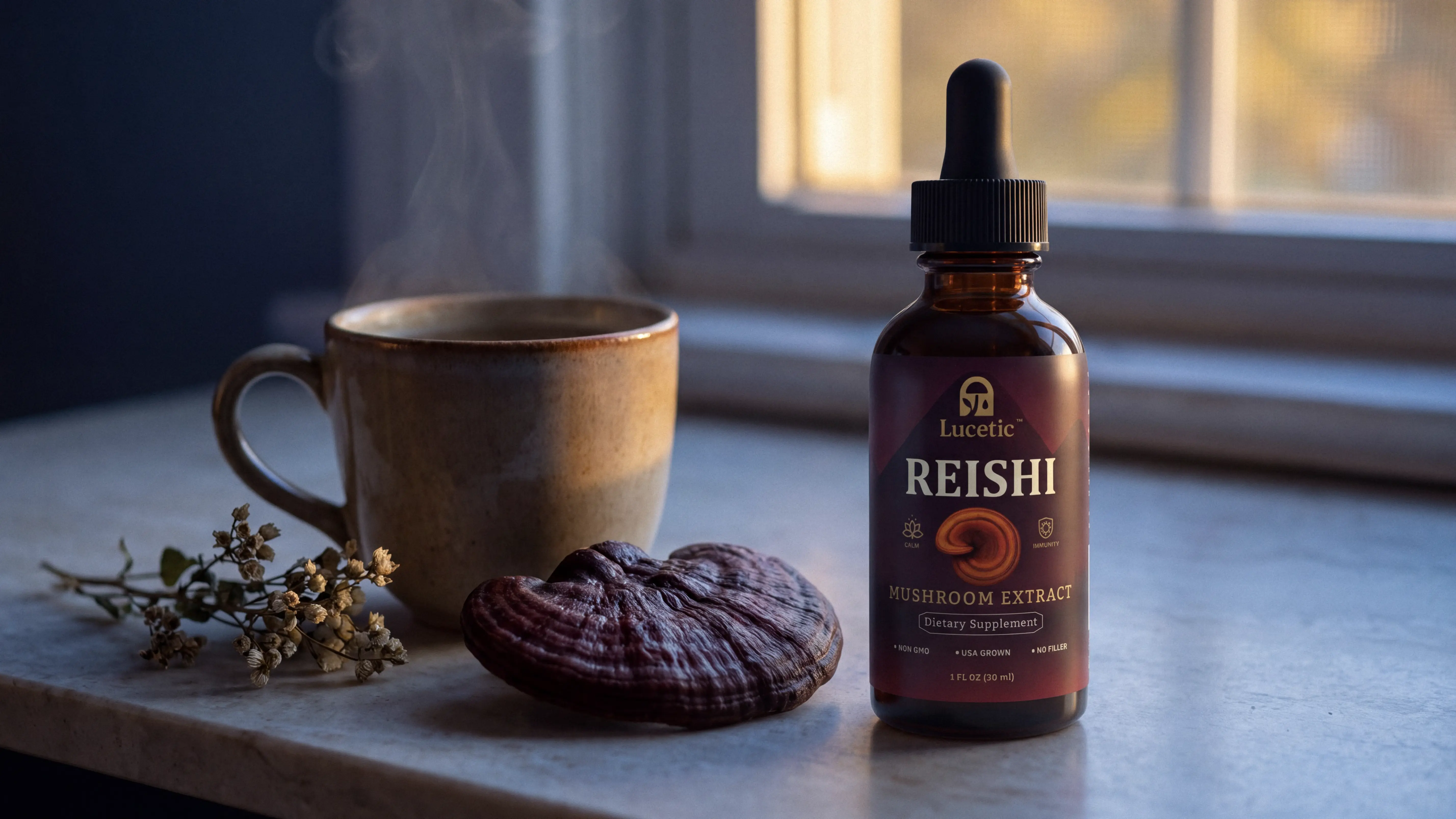 A cup of evening tea beside the Lucetic Reishi tincture