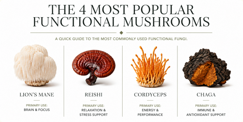 The 4 most popular functional mushrooms: lion's mane, reishi, cordyceps, and chaga, with their primary uses