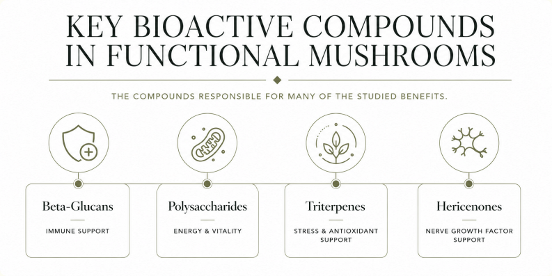 Key bioactive compounds in functional mushrooms: beta-glucans, polysaccharides, triterpenes, and hericenones