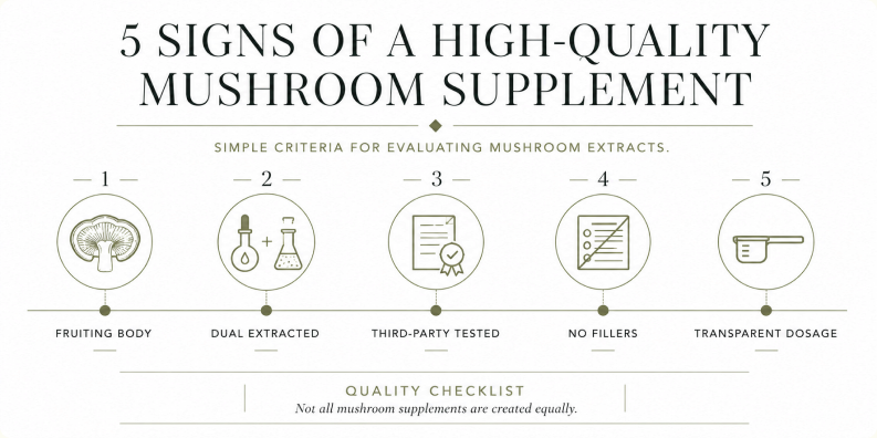 5 signs of a high-quality mushroom supplement: fruiting body, dual extracted, third-party tested, no fillers, and transparent dosage