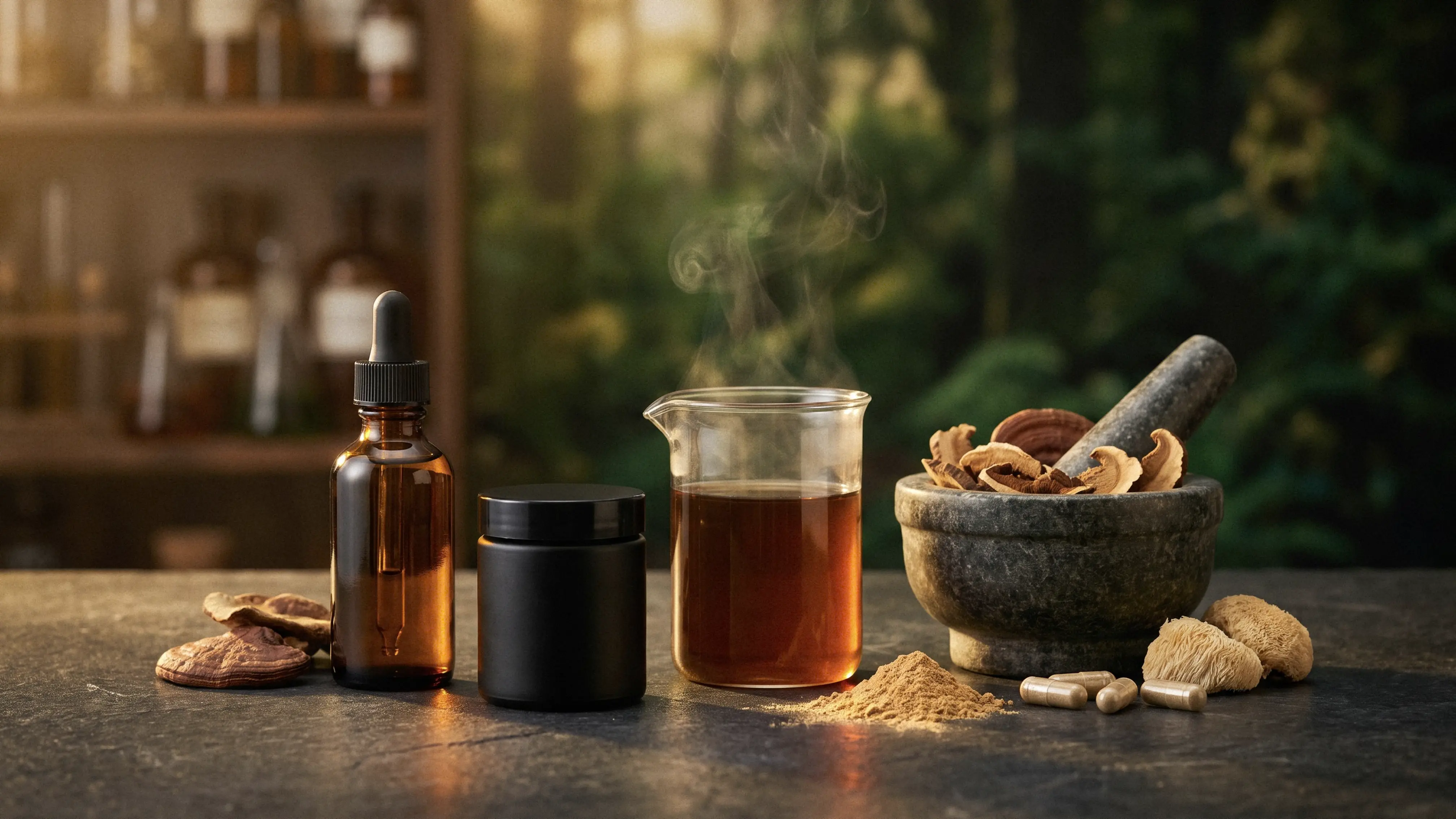 Functional mushroom extract tincture and capsules made from dual extracted fruiting bodies