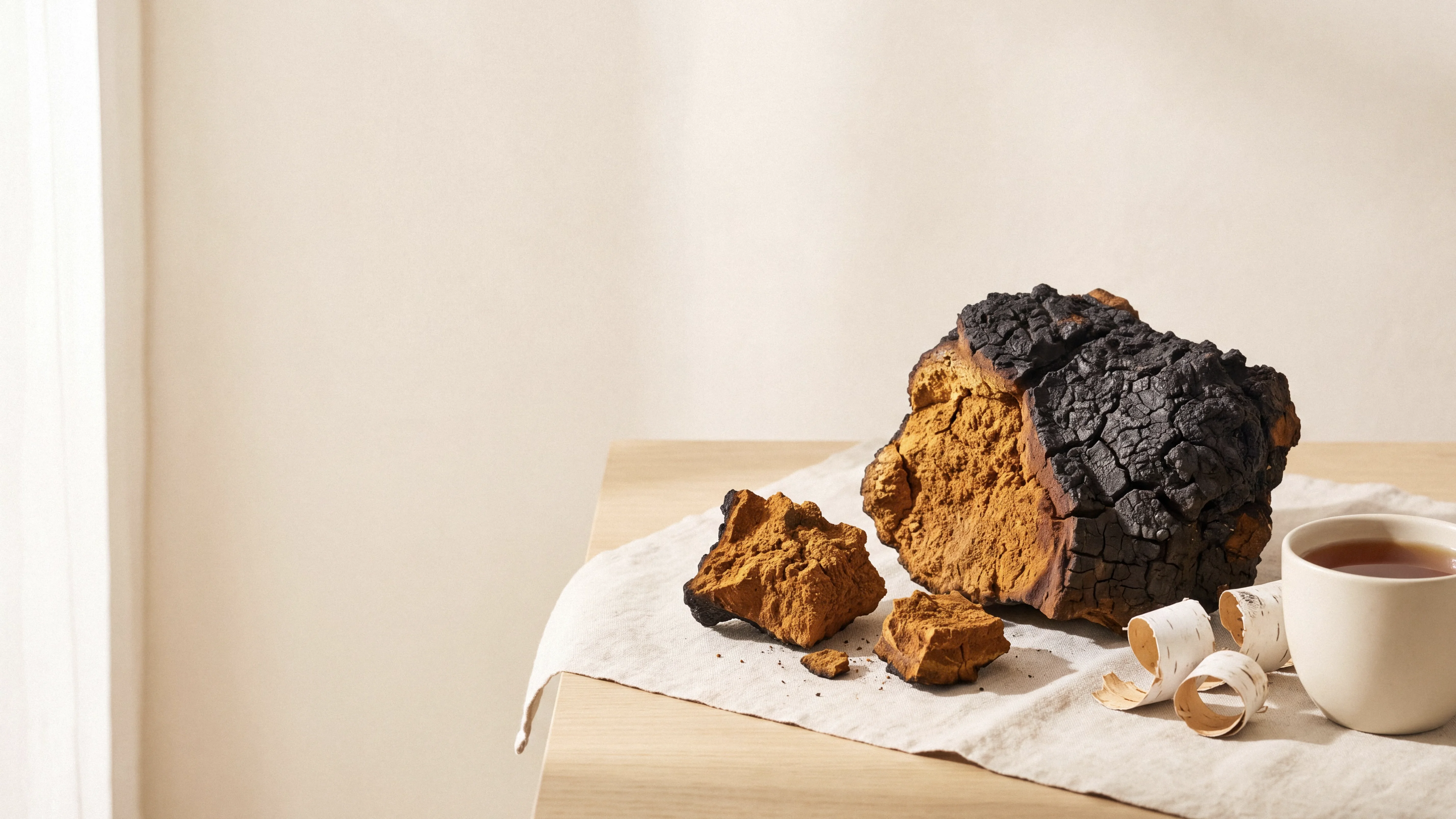 Raw Chaga mushroom broken open next to birch bark and tea